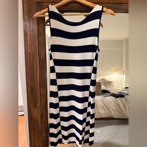 Theory Navy and White Striped Midi Dress